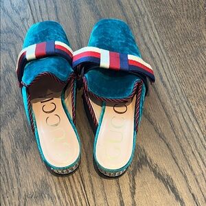 Gc Women's Blue Velvet Mules with Striped Detail